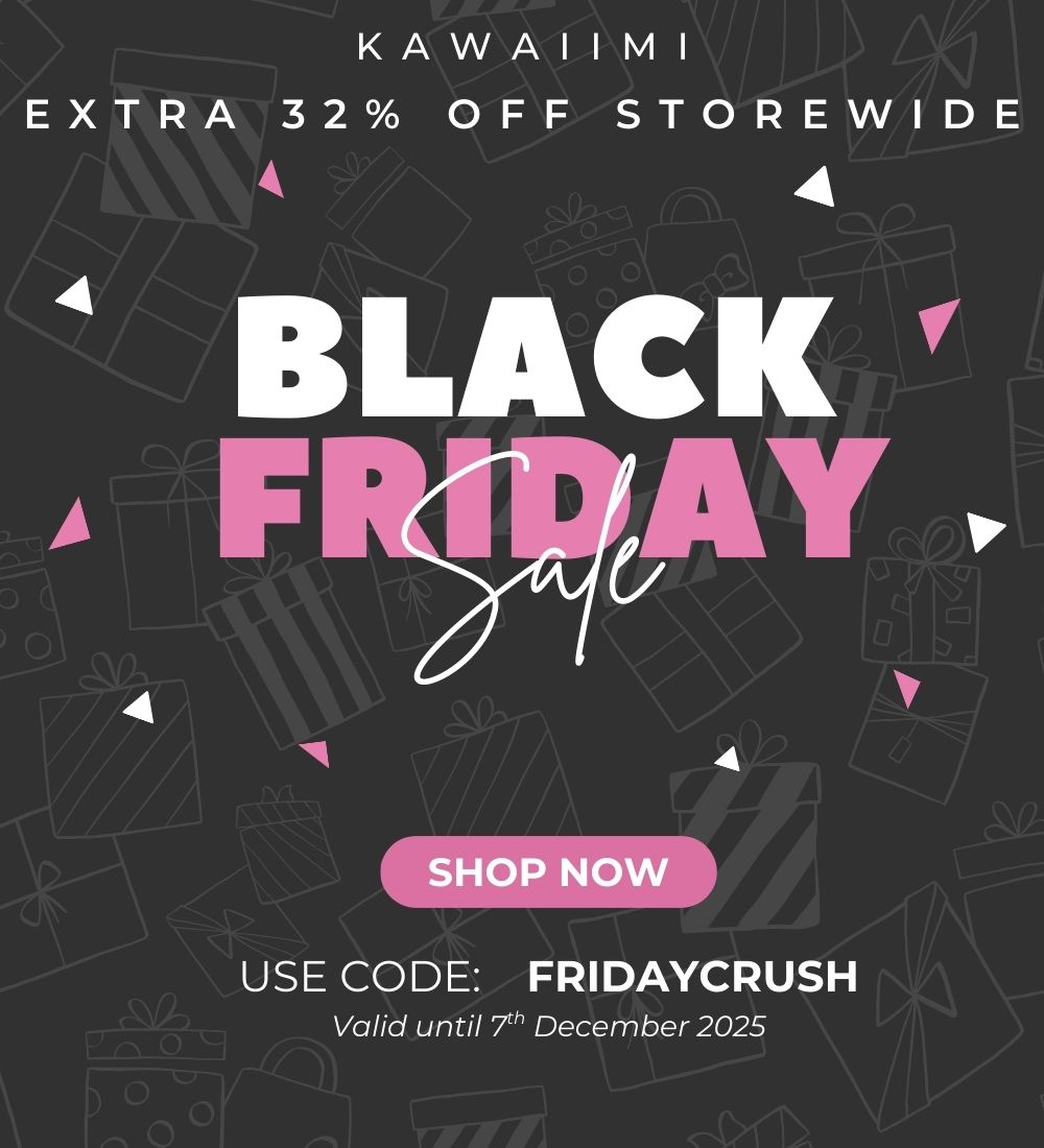 Kawaiimi Black Friday Sale banner featuring kawaii plushies, Sanrio-inspired gifts, cute accessories, and pastel graphics promoting up to 50% off deals