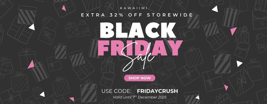 Kawaiimi Black Friday Sale banner with kawaii characters and pastel graphics promoting big discounts on plushies, accessories, and gifts