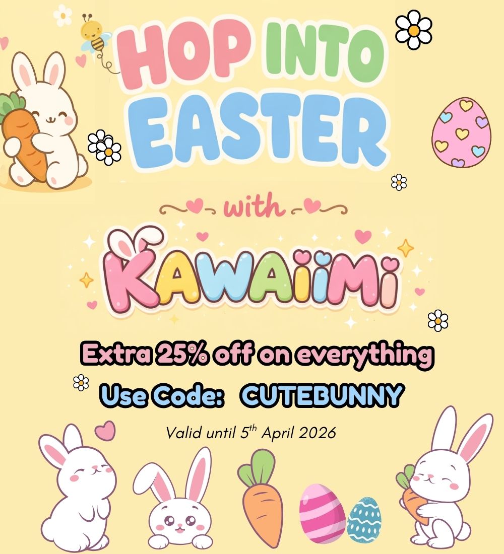 Kawaiimi Easter promotion banner highlighting cute plush toys, kawaii gifts, and 25% off storewide holiday sale.