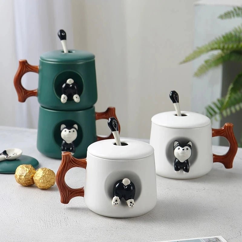 Kawaiimi - home & living - Cheeky Husky Mug with Cute Lid & Tea Spoon - 3