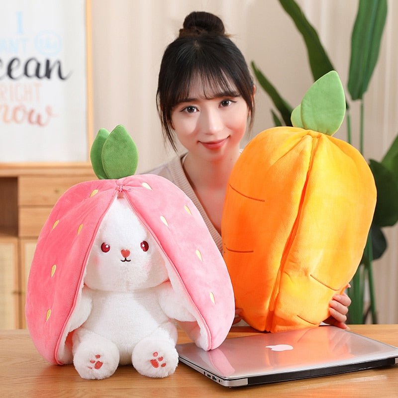 Kawaiimi - plush toys - Kawaii Bunny in Strawberry & Carrot Hiding Bag - 2