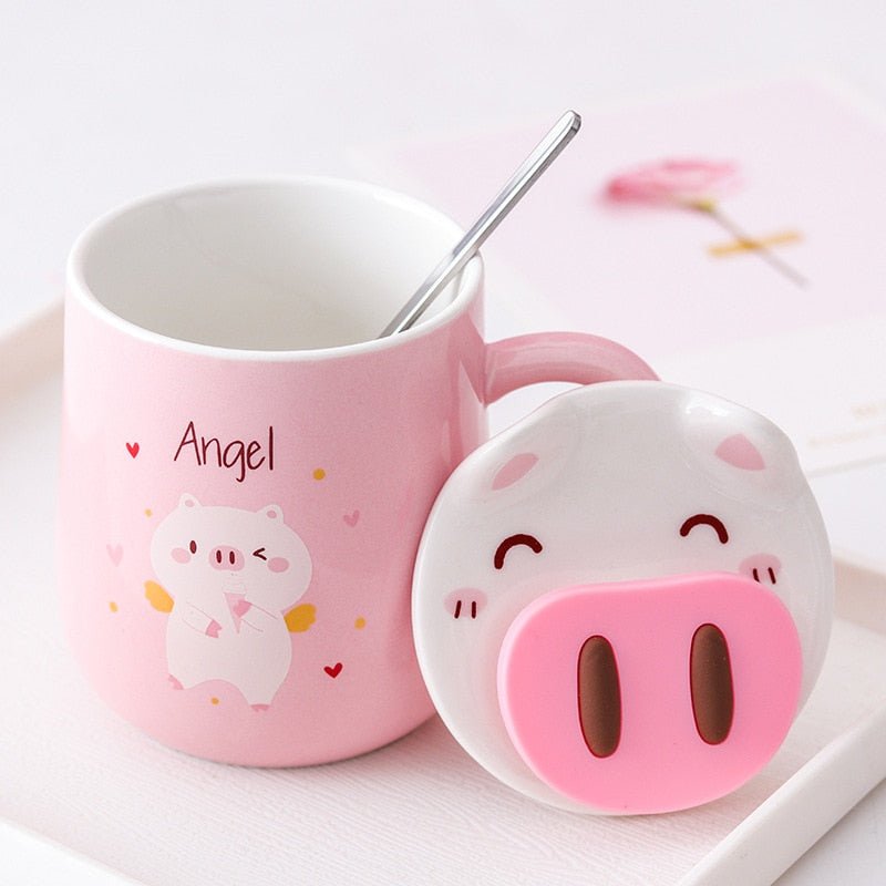 Kawaiimi - bone china mugs & tumblers - Piggly Wiggly Drinking Cup with Oinkly Lid - 8