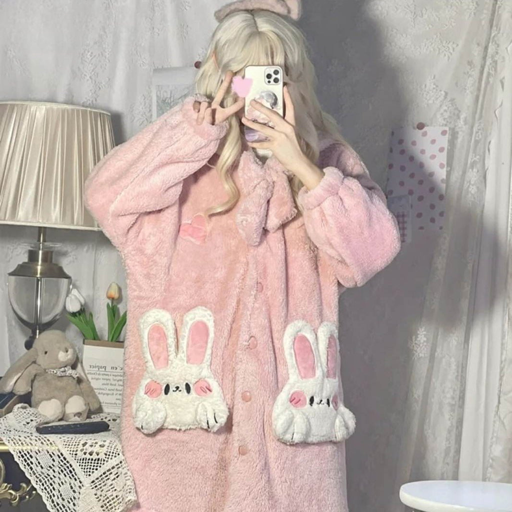 Kawaiimi - mens & womens winter pyjamas - Sweet Lolita Pink Bunny Winter Hoodies - 5