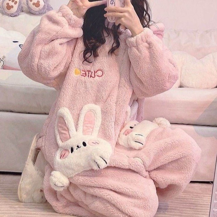 Kawaiimi - mens & womens winter pyjamas - Sweet Lolita Pink Bunny Winter Hoodies - 2