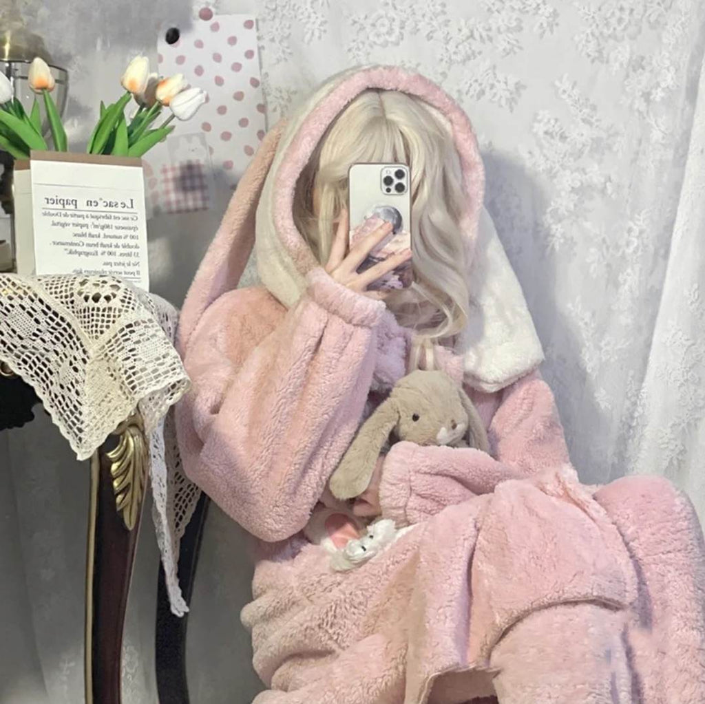 Kawaiimi - mens & womens winter pyjamas - Sweet Lolita Pink Bunny Winter Hoodies - 8