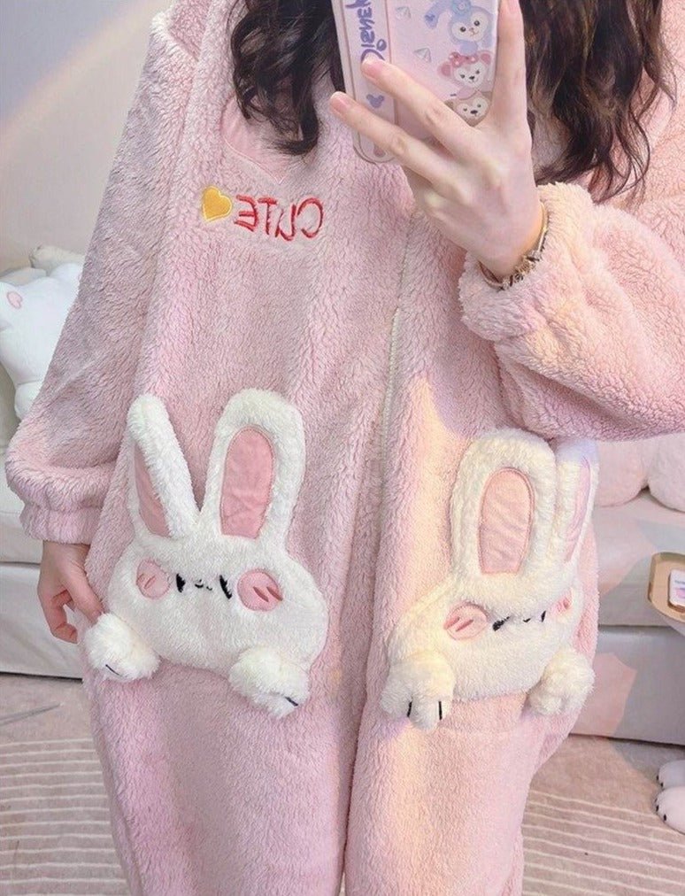 Kawaiimi - mens & womens winter pyjamas - Sweet Lolita Pink Bunny Winter Hoodies - 10