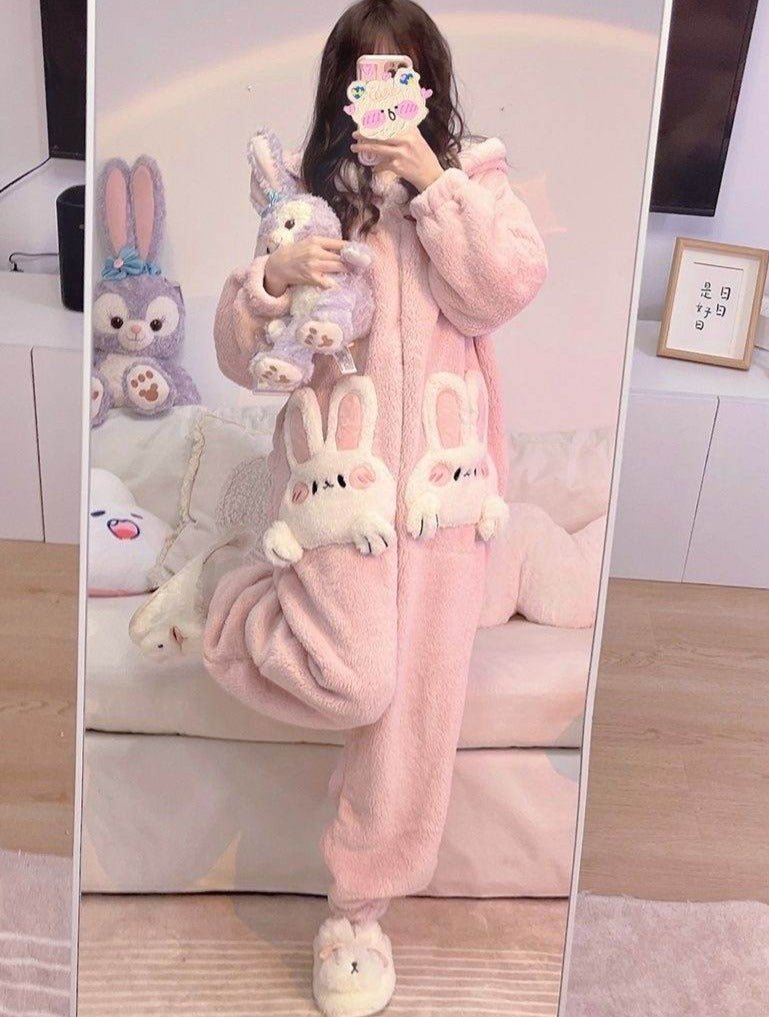 Kawaiimi - mens & womens winter pyjamas - Sweet Lolita Pink Bunny Winter Hoodies - 9