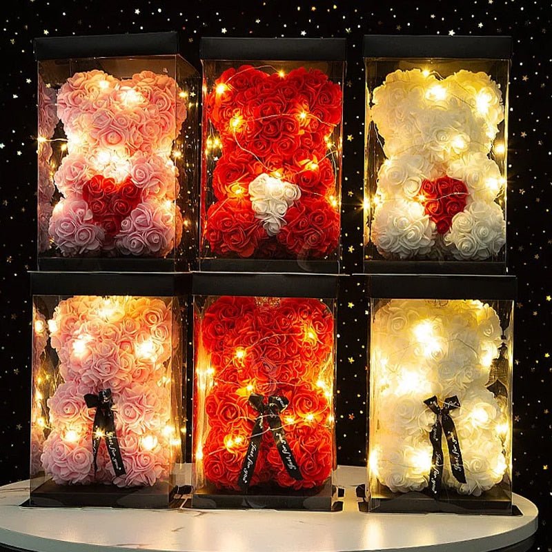 Kawaiimi - decorative rose teddy bear - Valentine's Rose Bear with Fairy Light & Gift Box - 16