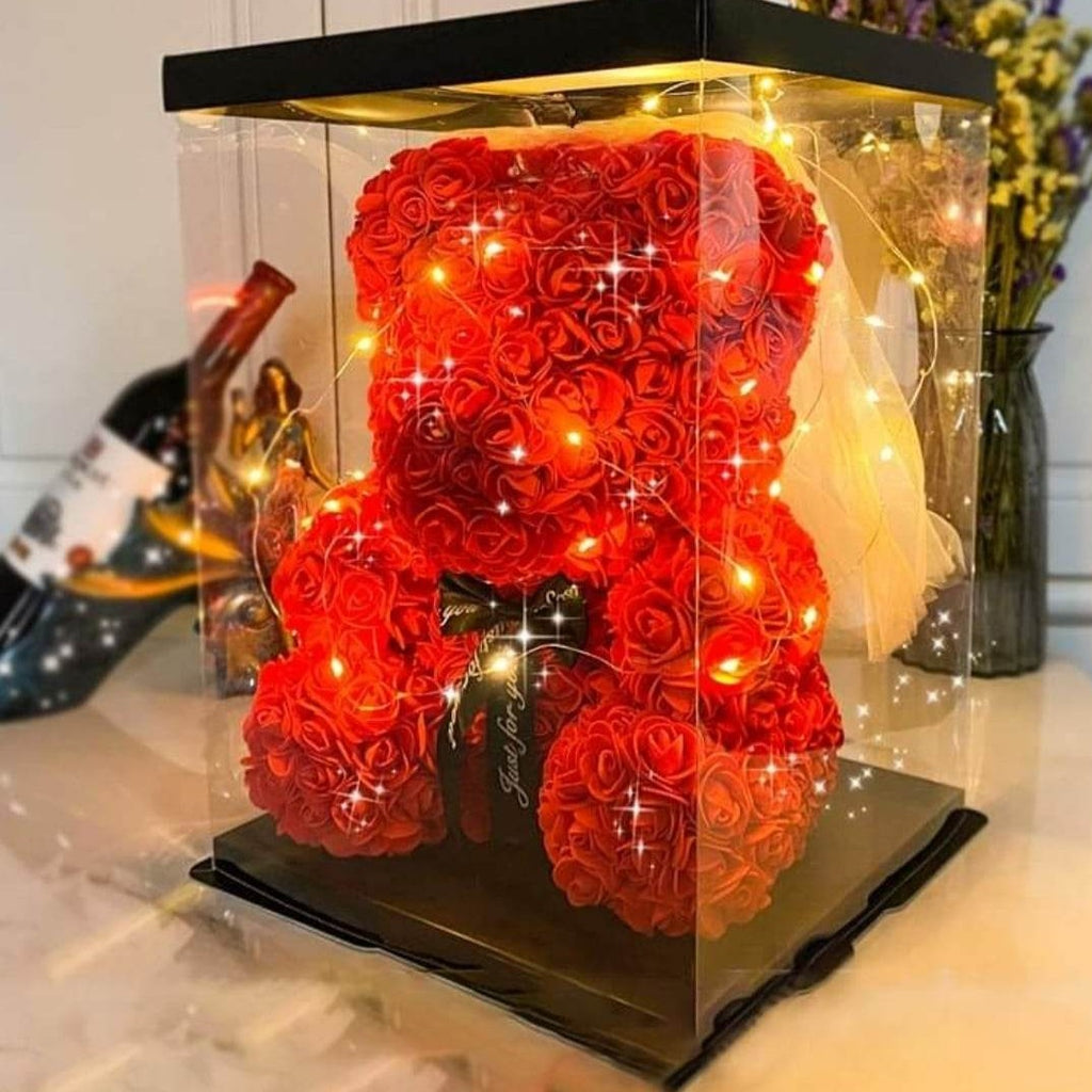 Kawaiimi - decorative rose teddy bear - Valentine's Rose Bear with Fairy Light & Gift Box - 1