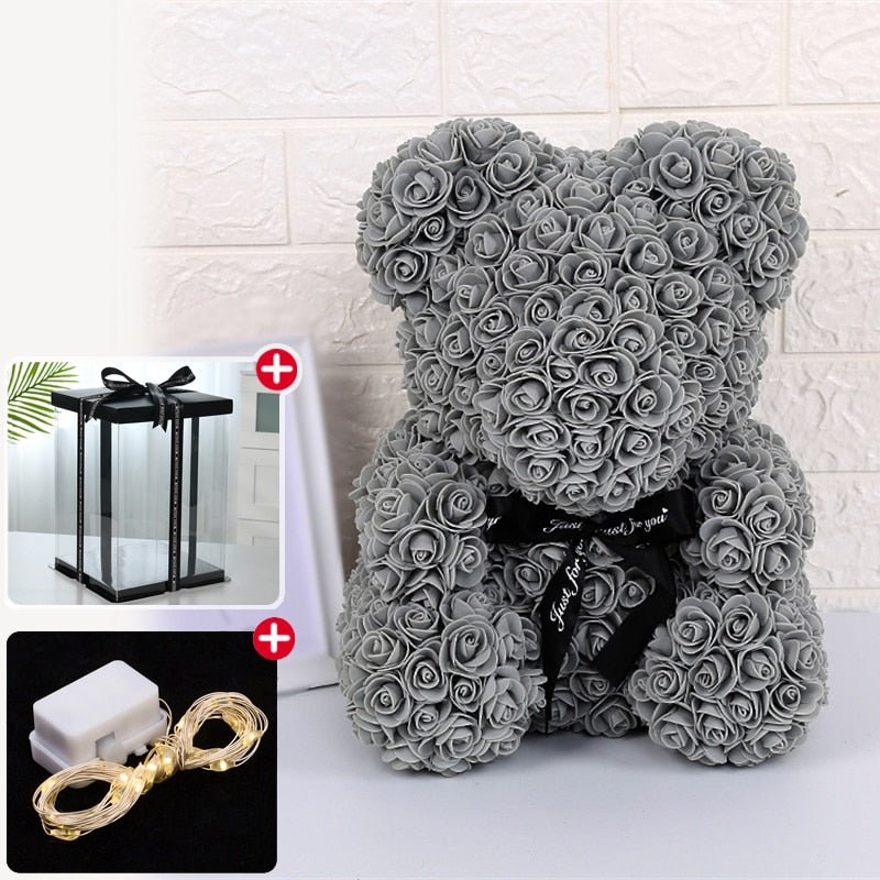 Kawaiimi - decorative rose teddy bear - Valentine's Rose Bear with Fairy Light & Gift Box - 12